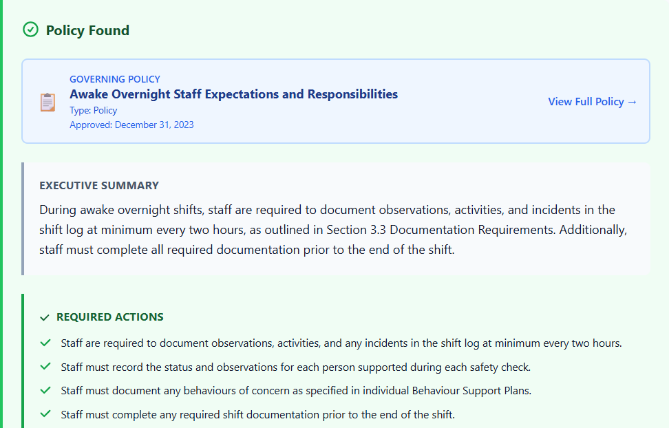 Fictional PoliScribe Assurance example showing the governing policy, executive summary and required actions for overnight-shift documentation.